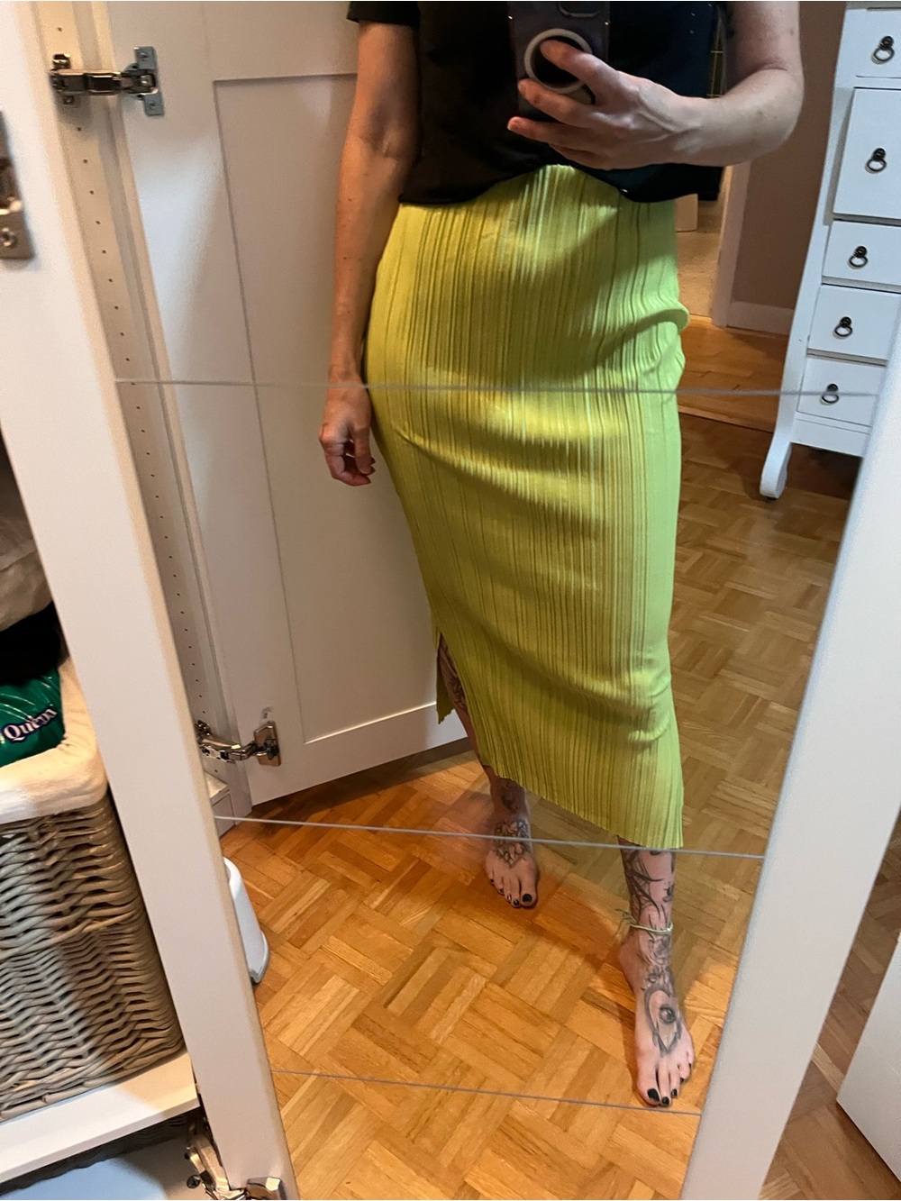 River Island Lime Green Pleated Midi Skirt with Side Slit